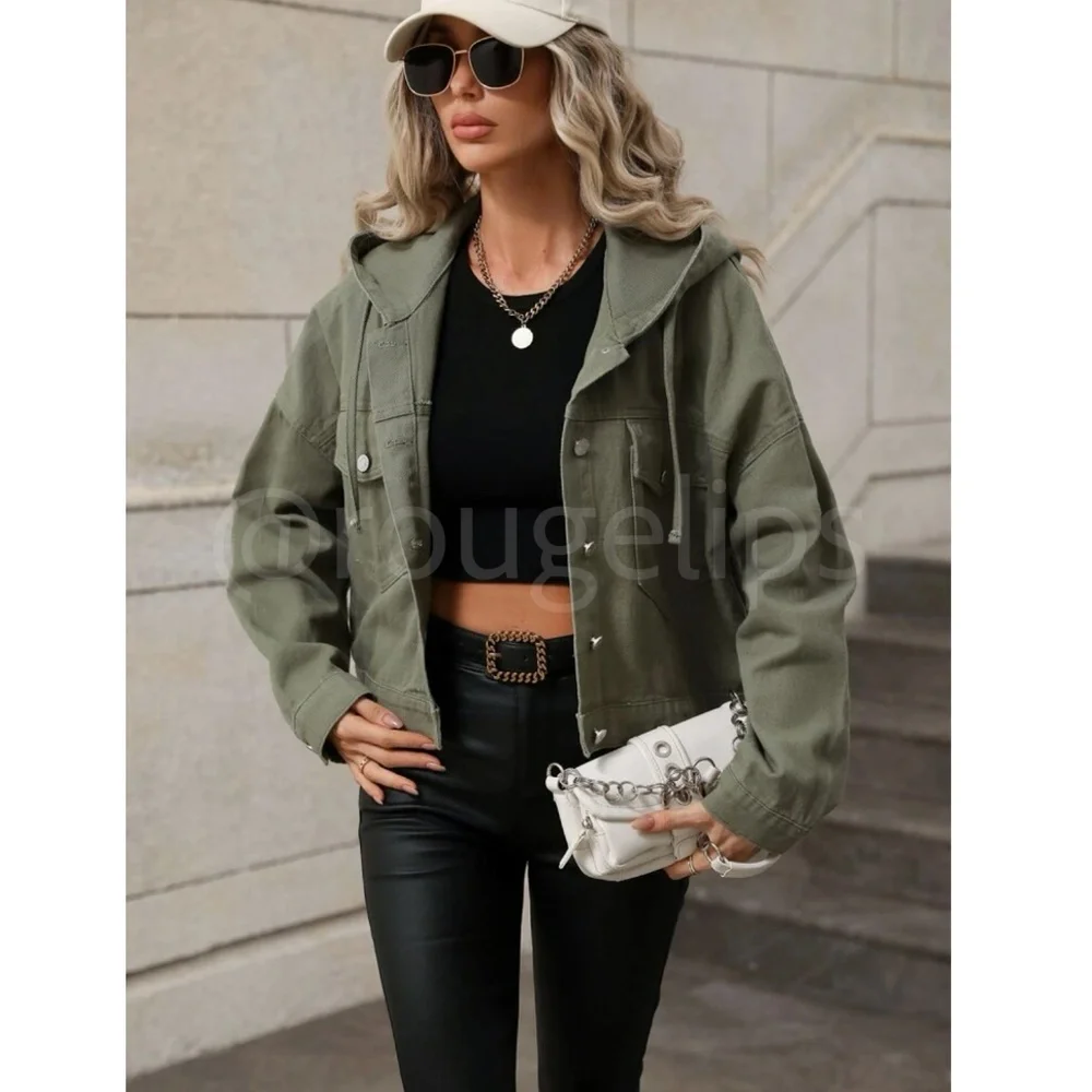 Boxy, Oversized Hooded Army Green Jean Jacket Fap Pockets Long Sleeve - Picture 3 of 8
